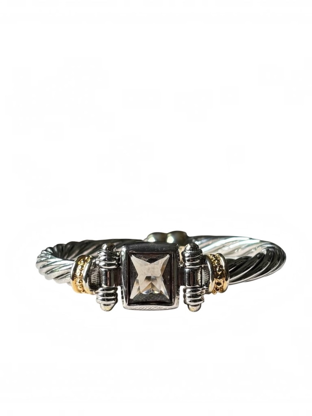Vintage Two-Tone Twisted Wire Bracelet with Clear Square Crystal